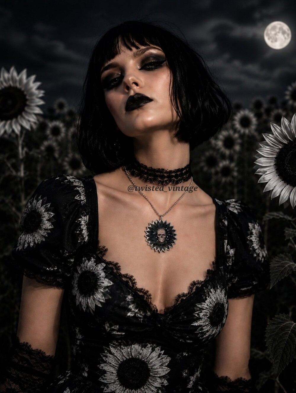Handmade Gothic Grey Skull Silver Glitter Resin Black Sunflower Goth Necklace